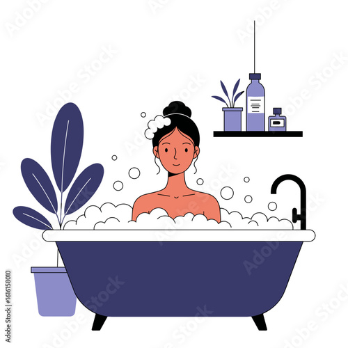 Young woman enjoying bubble bath in modern tub with plants  