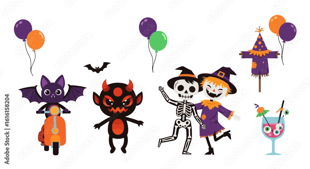 Fototapeta premium Halloween illustration set. Cartoon bat riding a scooter, devil character, dancing skeleton and witch, scarecrow, spooky drink, and balloons. Festive holiday design elements. Vector illustration.