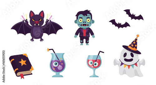 Halloween clipart set. Cute cartoon illustrations of a bat, zombie, ghost, spellbook, bats, and spooky cocktails with eyeball garnishes. Festive holiday design elements. Vector illustration.