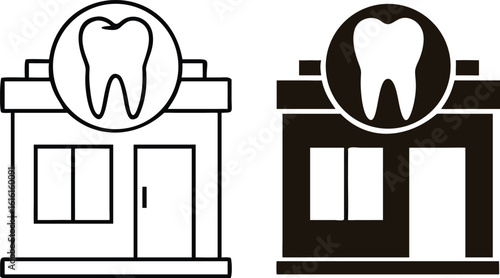 Dental Clinic icons. Black and White Vector Icons of the Dental Office Building. Dentist's Workplace. Medicine Concept
