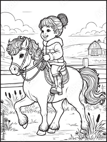 Printable coloring page for all ages: Farm coloring page for kids and adults: Girl riding a horse