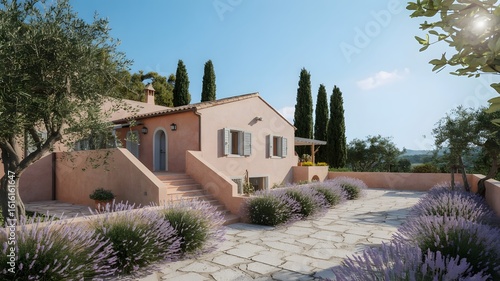 Wallpaper Mural Charming mediterranean villa with lush lavender gardens and cypress trees under a bright sunny sky Torontodigital.ca