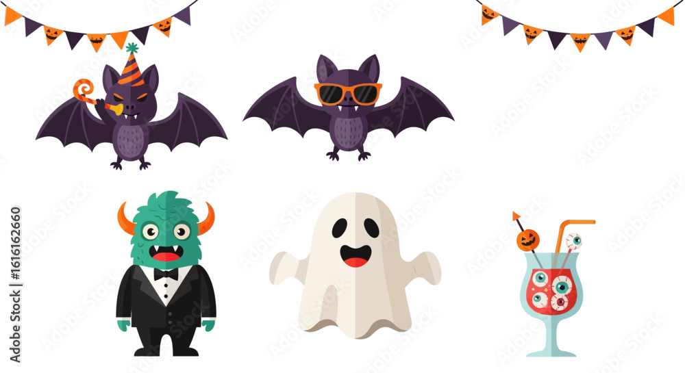 Fototapeta premium Halloween cartoon illustration set. Festive elements including bats with accessories, ghost, monster in suit, spooky cocktail, and pumpkin garlands. Holiday decoration concept. Vector illustration.