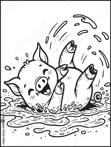 Printable coloring page for all ages: Farm coloring page for kids and adults: Pig playing in mud