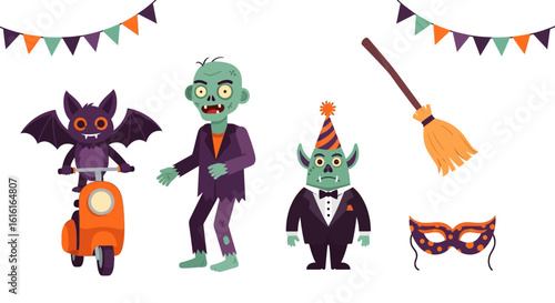 Halloween characters and props set. Bat riding a scooter, zombie and goblin wearing costumes, party decorations, broomstick, and masquerade mask. Holiday celebration concept. Vector illustration.