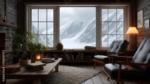Cozy Cabin Interior with Snowy Mountain View Through Large Windows on a Winter Day