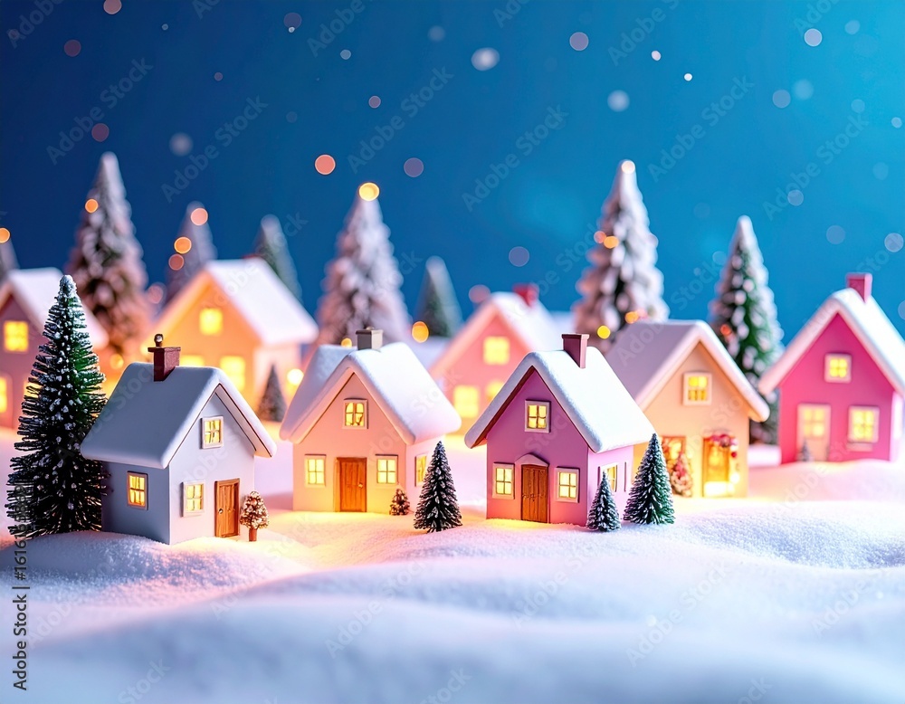 Fototapeta premium winter village scene featuring small, snow-covered houses