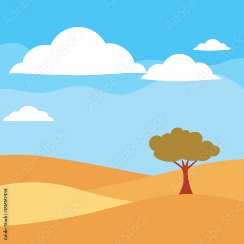 Stylized desert landscape with a lone tree and fluffy clouds