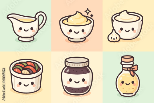 Kawaii French sauce icons featuring beurre blanc, aioli, and vinaigrette with pastel backgrounds. Perfect for kawaii culinary stickers and stock art.