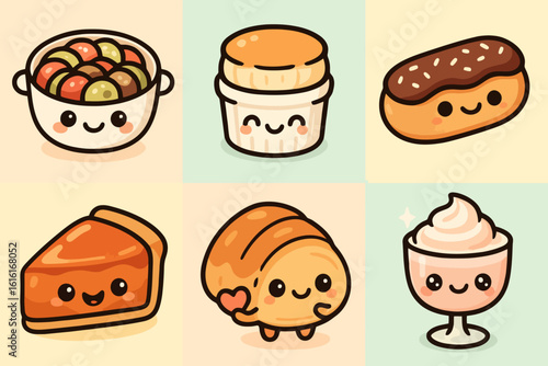 Kawaii French food icons featuring ratatouille, soufflé, eclair, and tarte tatin on pastel backgrounds. Perfect for culinary stickers and stock illustrations.