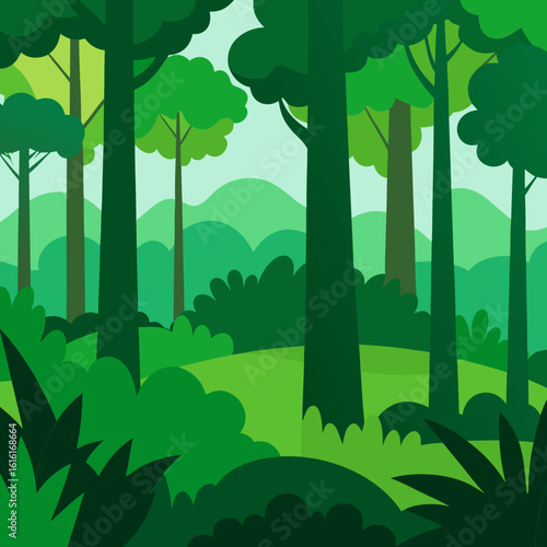 Stylized green forest landscape with layered trees and hills