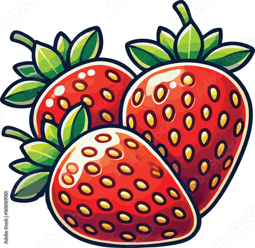 Freshly harvested strawberries with green leaves in a bold cartoon style isolated
