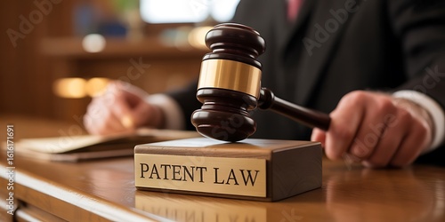 Judge holding gavel over Patent Law block in courtroom legal