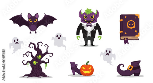 Halloween illustration set. Includes cartoon vampire bat, spooky tree, ghost characters, pumpkin, monster in tuxedo, witch boots, and spellbook. Festive holiday concept. Vector illustration.