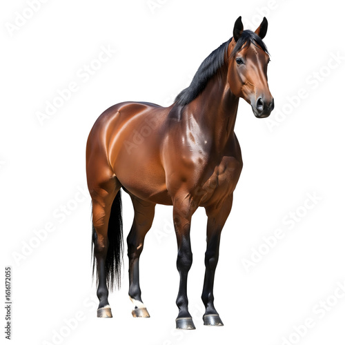 Brown horse with black mane and tail standing isolated on transparent background
