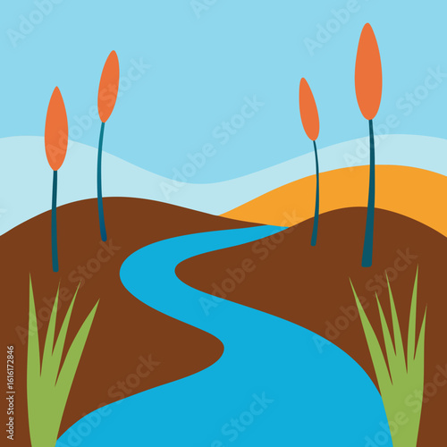 Stylized landscape with winding river and orange reeds
