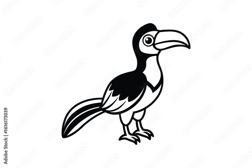 Obraz premium Cartoon Toucan Illustration With a Large Beak and Distinctive Eye Markings Isolated on White Background Showing Silhouette cartoon toucan illustration silhouette style