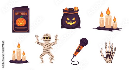 Halloween themed illustration set. Elements include spooky invitation card, candy bag, candles, mummy, microphone, and skeleton hand. Party decorations and event design concept. Vector illustration.