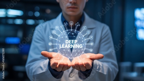 Man in lab coat holding glowing deep learning network sphere with icons artificial intelligence machine learning