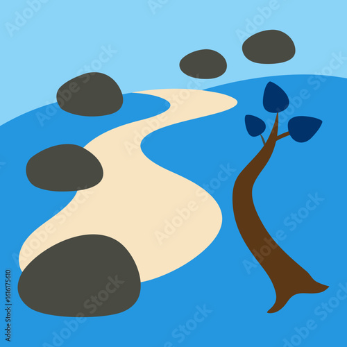 Abstract landscape with winding path and lone tree