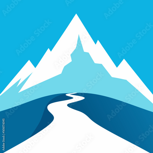 Stylized snowy mountain peaks with winding path