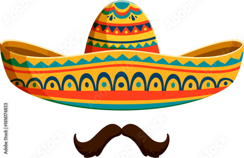 Cartoon Mexican mariachi sombrero hat with mustaches for holiday fiesta, vector icon. Mexican culture, tradition and Latin American decoration art symbol of sombrero and mustaches for Mexico carnival