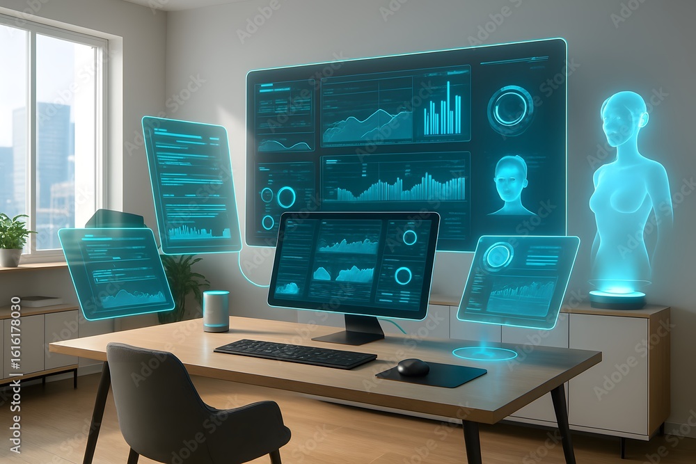 Fototapeta premium Futuristic AI Hologram Workspace with Data Dashboards – Virtual Assistant, Smart Office Technology and Advanced Digital Analytics Interface