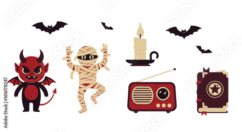Halloween icon set. Cartoon devil, mummy character, bats, candle on holder, retro radio, and spellbook with star design. Holiday celebration theme. Vector illustration.