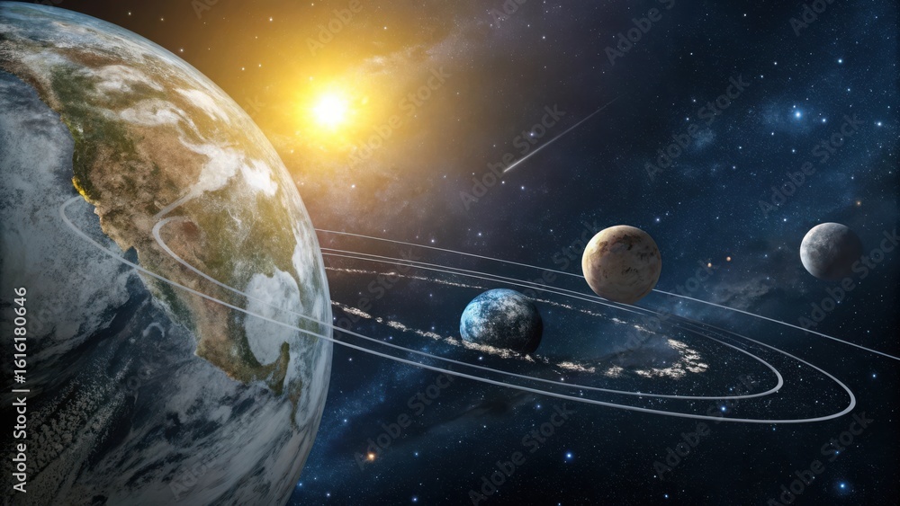 Naklejka premium Vast cosmic panorama showcasing earth sun and distant planets