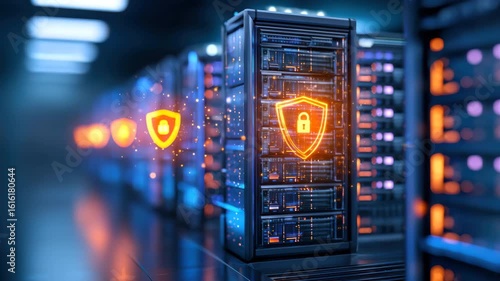 Secure server rack data center glowing lock icon cybersecurity blue lighting technology network protection digital safety futuristic shield secure