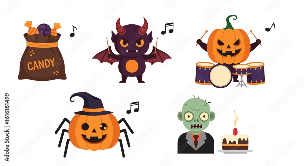 Halloween-themed illustration set. Cute devil, pumpkin drummer, spider wearing witch hat, zombie with cake, and candy bag, all with musical notes. Spooky and fun holiday concept. Vector illustration. Halloween-themed illustration set. Cute devil, pumpkin drummer, spider wearing witch hat, zombie with cake, and candy bag, all with musical notes. Spooky and fun holiday concept. Vector illustration.
