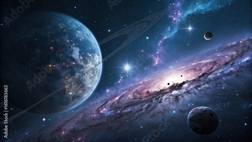 Vast cosmic panorama featuring ringed planet and distant galaxy