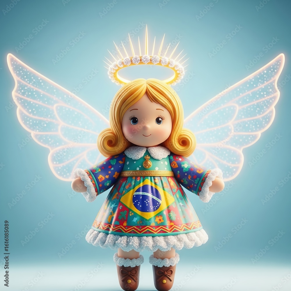 Fototapeta premium Close-up of a cute Christmas angel with translucent wings and diamond halo in a bright studio, vibrant Brazilian style