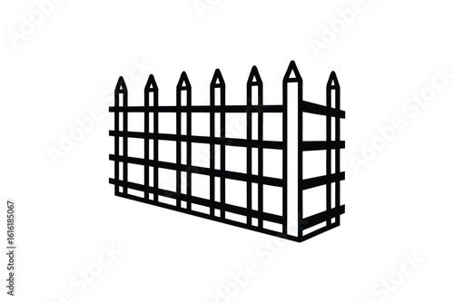 Simple Black and White Fence Illustration with Pointed Posts and Horizontal Rails in a Silhouette Style silhouette black white illustration fence