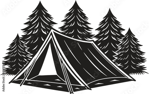 Camping tent with pine trees landscape silhouette vector, forest outdoor scene, black wilderness illustration, travel and adventure clipart, nature scenery, minimalist graphic design