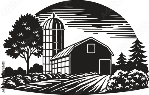 Farm silo silhouette landscape vector, black rural barn scenery with field, grain storage building, agriculture icon, countryside scene, rustic farming clipart, minimalist graphic illustration