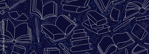 Open books, stack backdrop. Art line sketch print