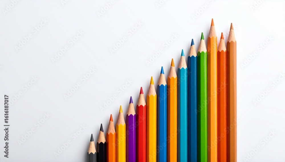 Fototapeta premium Colorful Pencils Arranged in Ascending Order on White Background.
