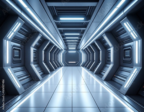 Futuristic Corridor Blue Neon Lights Sci Fi Tunnel Modern Architecture.
