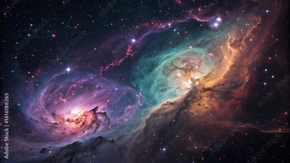 Fototapeta premium Vibrant cosmic nebula swirls with distant stars and glowing gas clouds