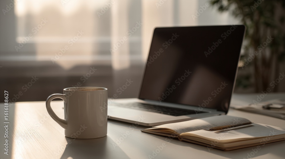 Ultra-clean hybrid home office desk with laptop open, coffee mug, and notebook, enhanced by soft morning light, modern minimal workspace without human presence Ultra-clean hybrid home office desk with laptop open, coffee mug, and notebook, enhanced by soft morning light, modern minimal workspace without human presence