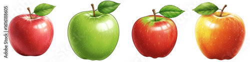 Set of isolated apples with leaf in various colors and types  