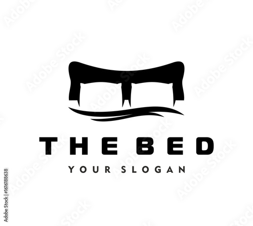 Luxury bed icon with pillows for bedroom sleep or home furniture, vector emblem. Bed with pillows and blanket silhouette icon for interior design salon, sleeping mattress shop and hotel resort sign