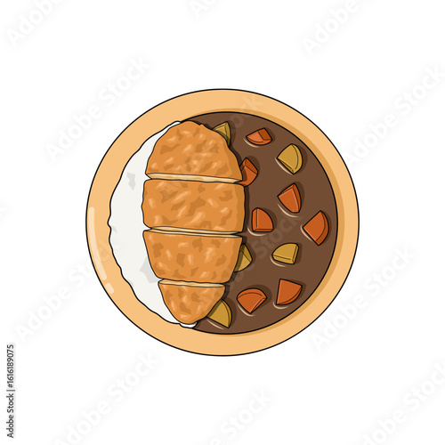 Japanese curry rice with crispy chicken katsu, potato and carrot chunks served on a plate, isolated on white background.