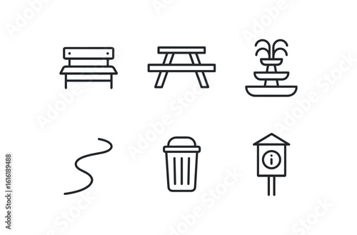 straight perfect stroke icon mono icons style isolated bench picnic table walking trail trash receptacle info kiosk