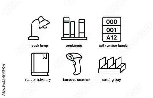 straight perfect stroke icon mono icons style isolated librarian desk lamp librarian bookends librarian number labels librarian reader advisory guide librarian barcode scanner librarian
