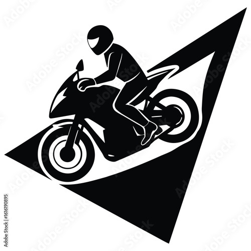 Graphic image of a motorcyclist wearing helmet and stylish geometric shapes