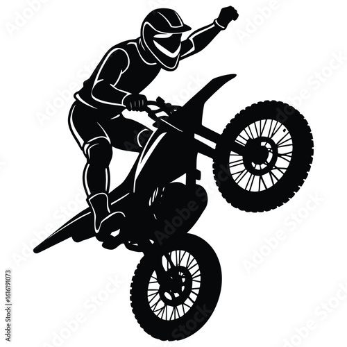 Motocross rider performing a wheelie stunt in silhouette vector illustration design