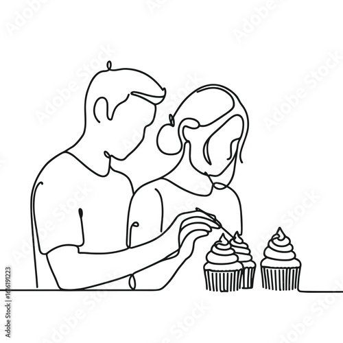 Couple romantically sitting and eating cupcakes in minimalist style