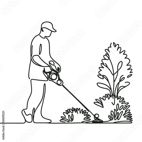 Person trimming shrubs in garden